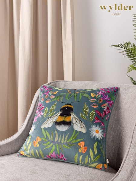 Wylder Nature Blue House Of Bloom Zinnia Bee Floral Velvet Piped Cushion (982654) | £20