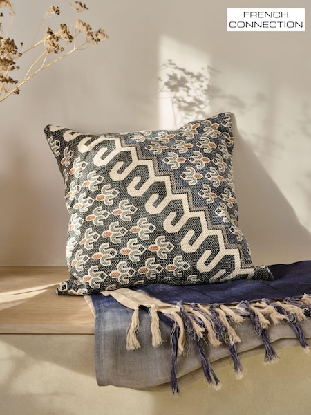 French Connection Blue Distressed Print 100% Cotton Poppyfield Cushion (982896) | £25