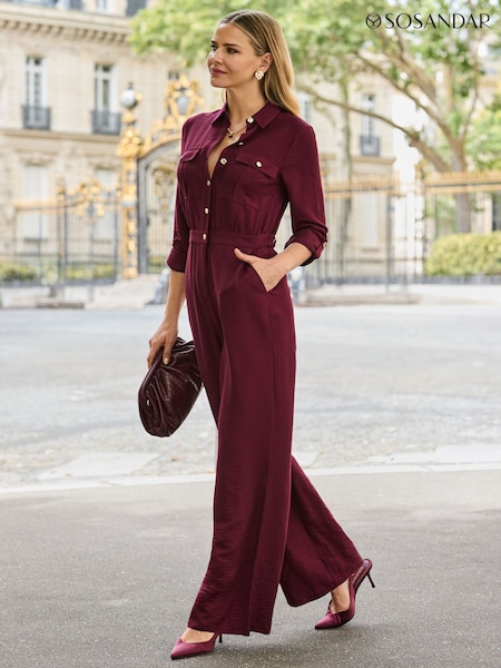 Red - Sosandar Button Front Jumpsuit