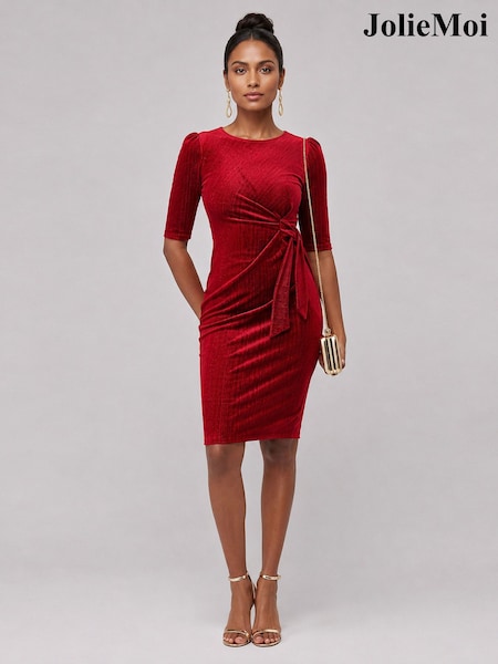 Red - Jolie Moi Metallic Velvet Midi Dress