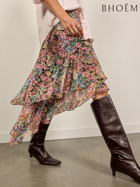 Multi - Asymmetric Floral Ruffle Midi Skirt