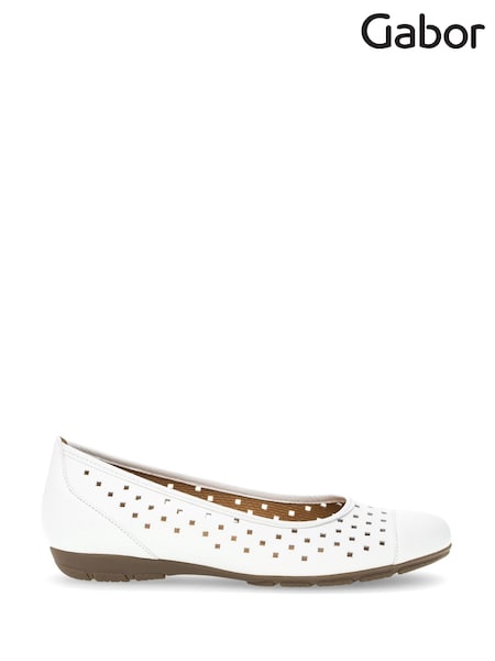 Gabor Wide Fit White Leather Ruffle Ballerina Pumps (986287) | £75