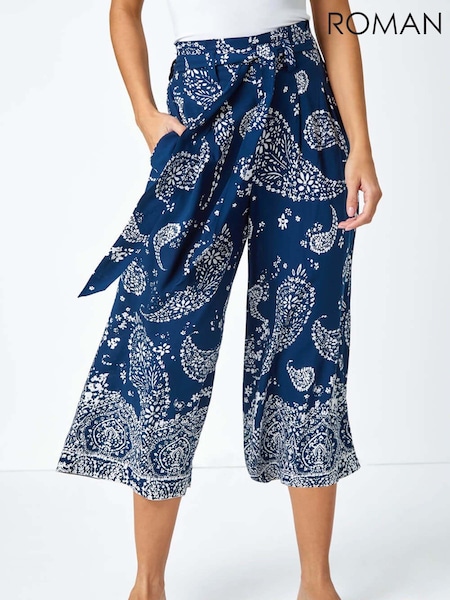 Roman Blue Paisley Print Wide Leg Cropped Trousers (987863) | £32