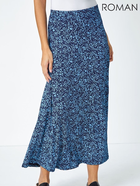 Roman Blue Ditsy Floral Stretch Midi Skirt (988092) | £32