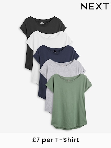 Grey/White/Black/Navy Blue/Khaki Green Cap Sleeve 100% Cotton T-Shirts 5 Pack (988559) | £37.50