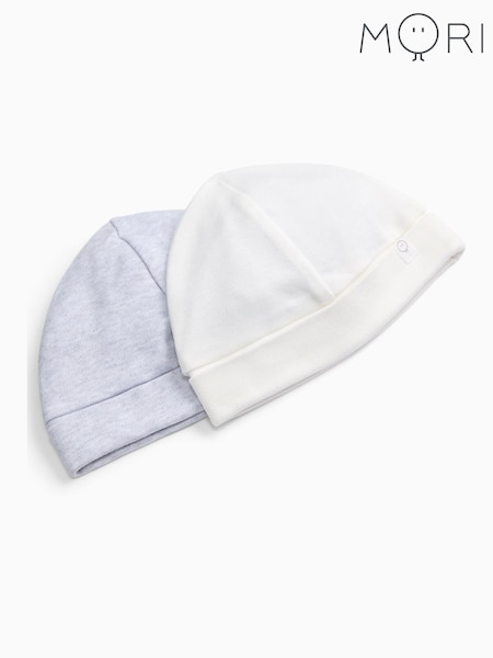 Grey - Mori White & Grey Supersoft Baby Hats 2 Pack