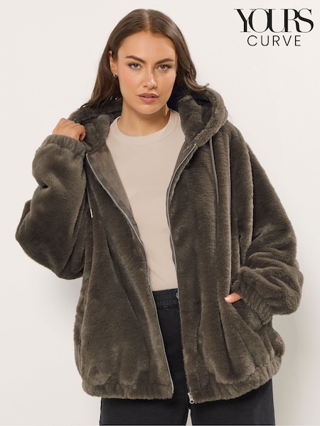 Brown - Yours Curve Faux Fur Zip Through Hoodie Jacket