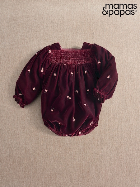Red - Mamas & Papas Floral Embroidered Velour Romper