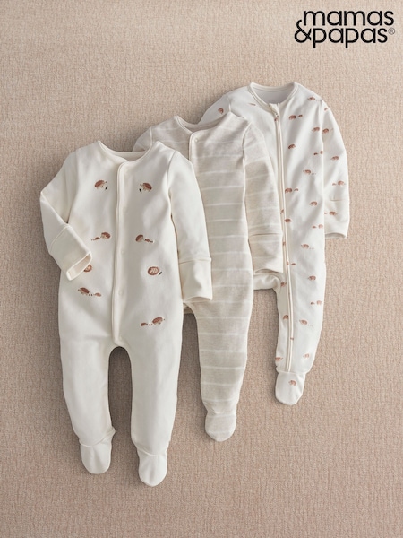 Brown - Mamas & Papas Hedgehog Sleepsuits 3 Pack