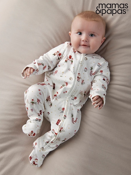 White - Mamas & Papas Santa Christmas Print Sleepsuit