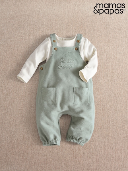 Green - Mamas & Papas Tractor Embroidered Dungarees & Ribbed Top Set