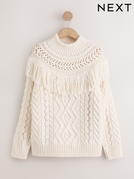 Ecru - Fringe Tassel Long Sleeve Cable Jumper