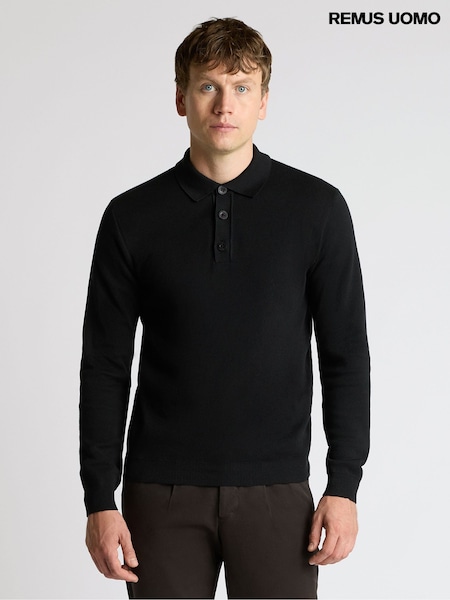 Black - Regular Remus Uomo Long Sleeve Knited Polo Shirt