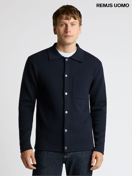 Blue - Regular Remus Uomo Long Sleeve Knited Polo Shirt