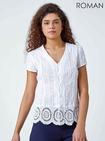 Roman White Embroidered Crinkle 100% Cotton Blouse (997097) | £32