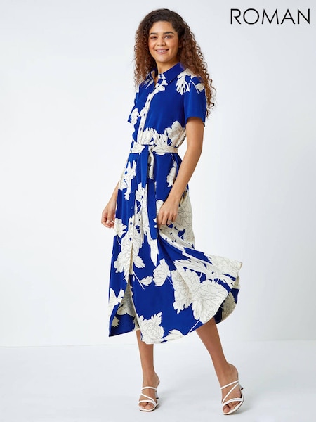 Roman Blue Contrast Floral Print Shirt Dress (997833) | £45