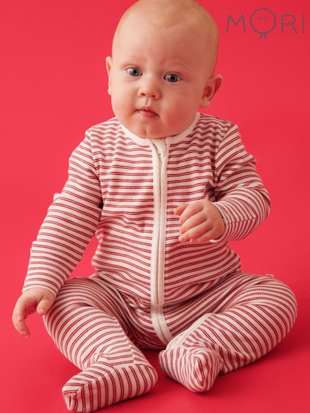 Red - Mori Stripe Supersoft Two Way Zip-up Sleepsuit