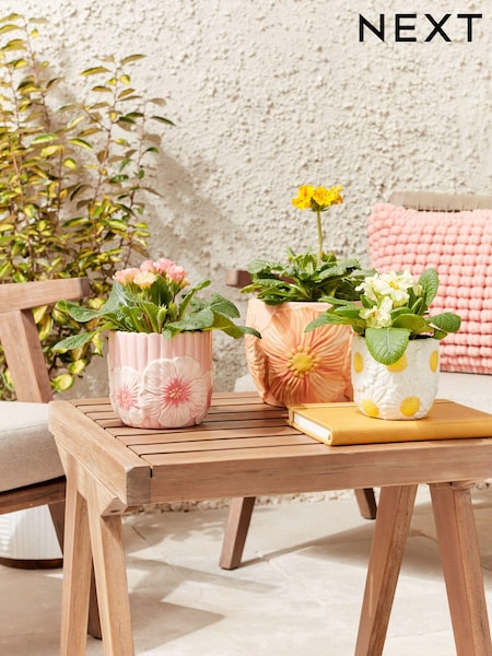 Pink Outdoor Ceramic Floral Plant Pot Set of 3 (9J9767) | £32