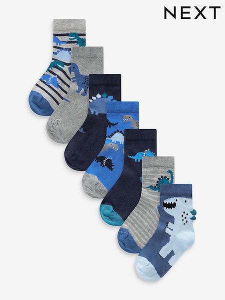 Blue Dino Cotton Rich Socks 7 Pack (A00454) | £9 - £11