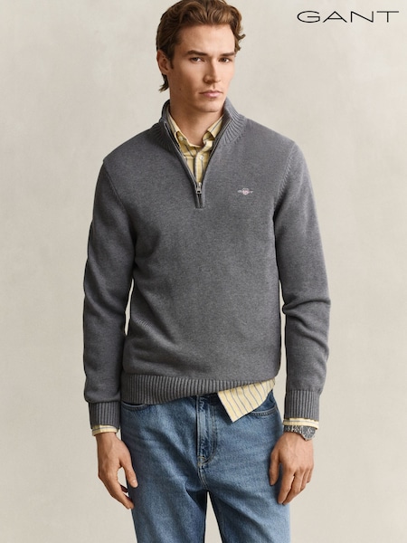 Grey - Regular Gant Zip Neck Jumper