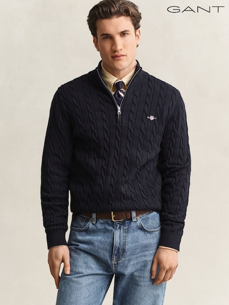 Blue - Regular Gant Cable Knit Zip Neck Jumper