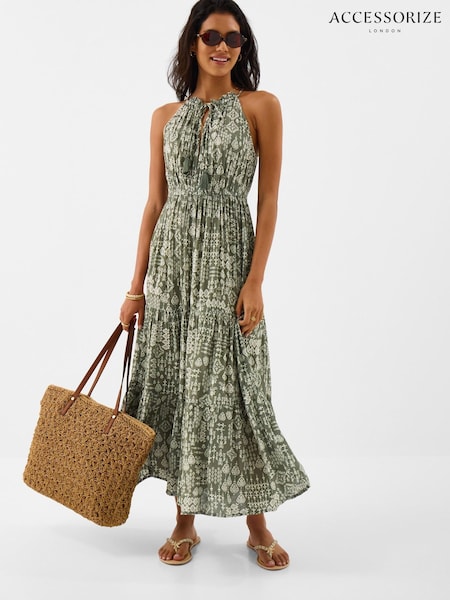 Green - Accessorize Printed Halter Neck Maxi Dress