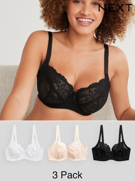 Black/White/Praline Nude Non Pad Balcony DD+ Lace Bras 3 Pack (A08801) | £42
