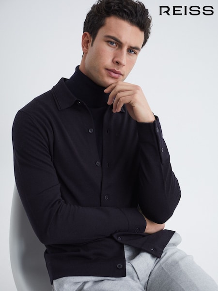 Reiss Navy Forbes Merino Wool Button-Through Cardigan (A11254) | £118