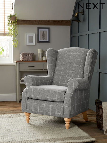 Tweedy Check Lawson Mid Grey Sherlock Highback Armchair (A19425) | £550