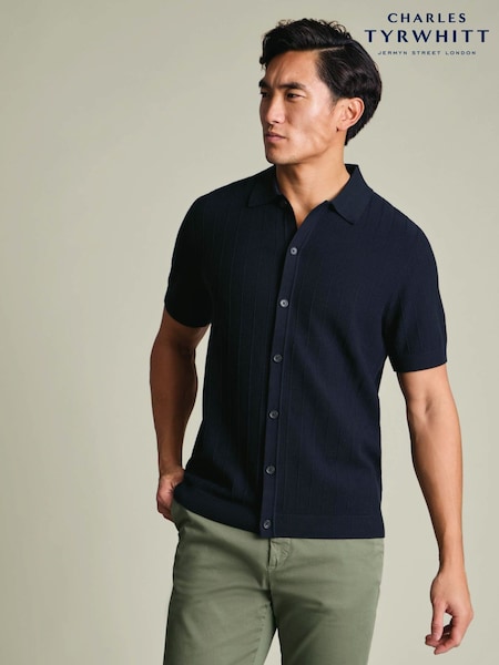 Navy Blue - Regular Charles Tyrwhitt Stripe Texture Button Through Short Sleeve Knitted Cotton Polo Shirt