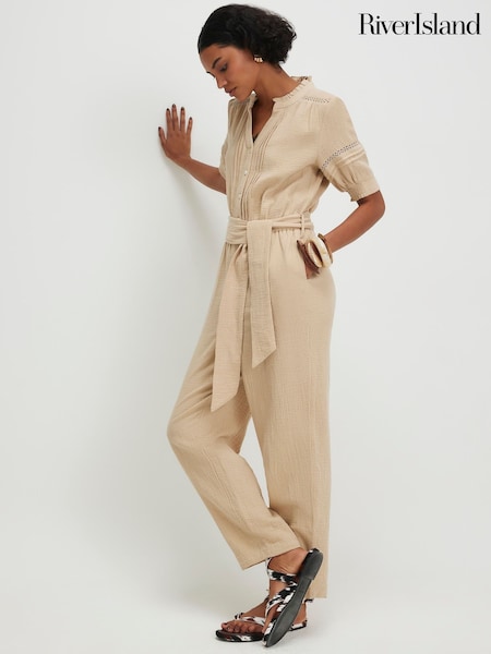 Natural - River Island Puff Sleeve Textured Belted Jumpsuit