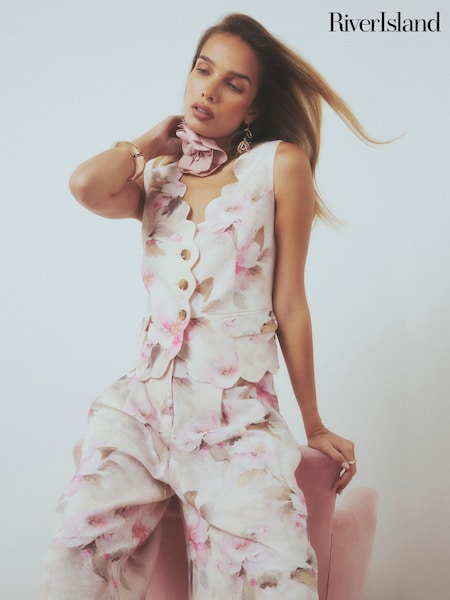 Pink - River Island Floral Print Linen Blend Sleeveless Scallop Hem Waistcoat
