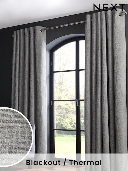 Grey Silver Heavyweight Chenille Eyelet Blackout/Thermal Curtains (A37959) | £70 - £165
