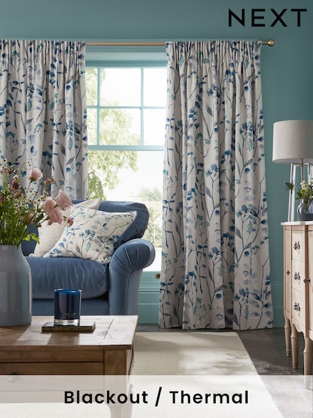 Blue Isla Floral Print Pencil Pleat Blackout/Thermal 100% Cotton Curtains (A61366) | £50 - £110
