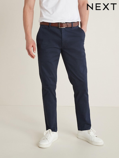 Navy Blue Slim Fit Belted Soft Touch Chino Trousers (A69645) | £30