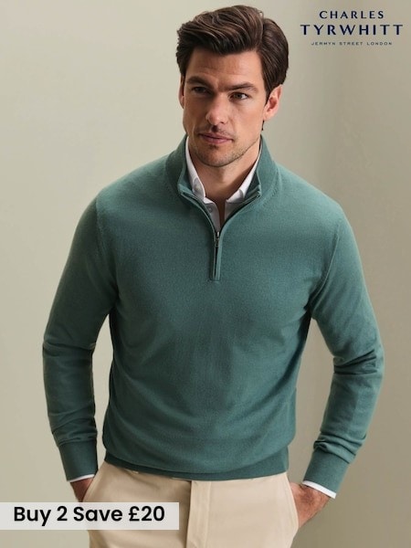 Teal Green - Regular Charles Tyrwhitt Pure Merino Quarter Zip Jumper