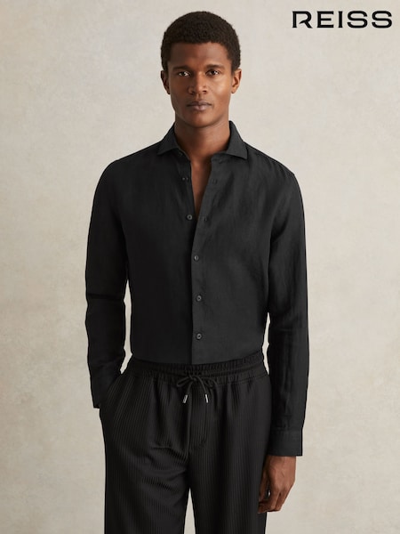 Reiss Black Ruban Linen Striped Cutaway-Collar Shirt (A76403) | £98