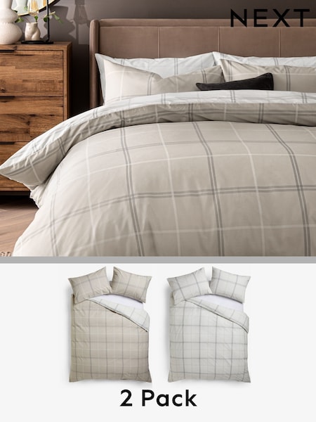 2 Pack Natural Beige/White Check Reversible Duvet Cover and Pillowcase Set (A90094) | £27 - £59