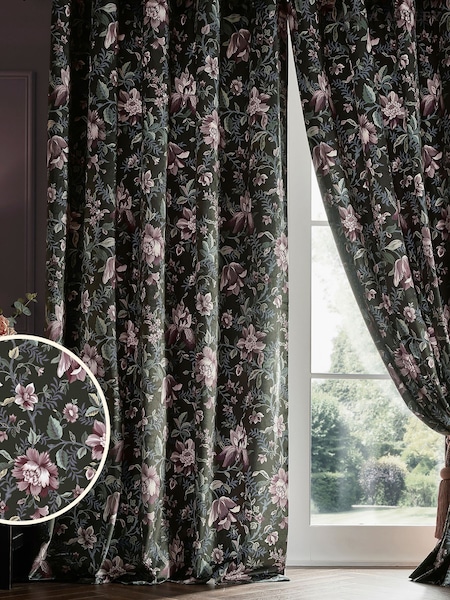 Laura Ashley Grey 100% Cotton Edita's Garden Lined Eyelet Curtains (A91384) | £95 - £180