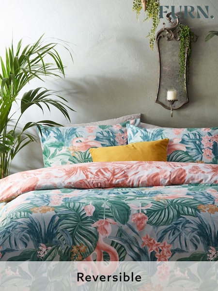 furn. Green Medinilla Tropical Reversible Duvet Cover And Pillowcase Set (A92673) | £16 - £27