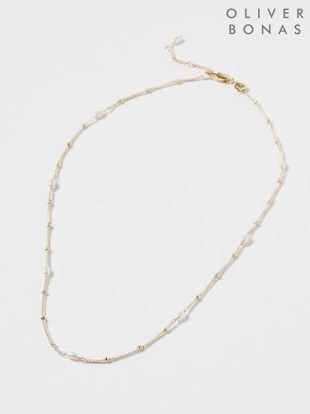 Oliver Bonas White Pearl Detail Gold Plated Mila Chain Necklace (A98195) | £45