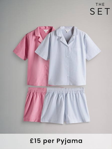 The Set Pink Stripe/Blue Stripe 2 Pack 100% Cotton Button Through Short Pyjamas (AA0275) | £30