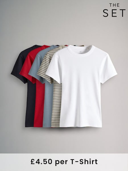 The Set Navy/Washed Blue/White/Red/Navy Stripe 5 Pack Ribbed Short Sleeved T-Shirts (AA0286) | £22.50