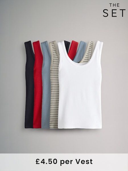 The Set Navy/Washed Blue/White/Red/Navy Stripe 5 Pack Ribbed Scoop Neck Vests (AA0287) | £22.50