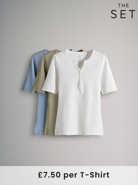 The Set Khaki Green/Cream/Washed Blue 3 Pack Ribbed Henley Short Sleeved T-Shirts (AA0293) | £22.50