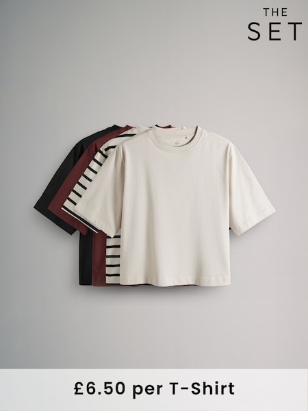 The Set Black/White Stripe/Black/Red/Stone 4 Pack Heavyweight Short Sleeve 100% Cotton T-Shirts (AA0294) | £26