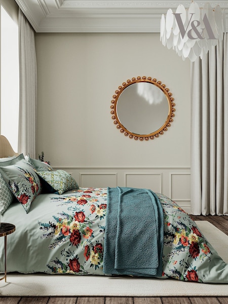 V&A Teal and Claret Botanical Harmony 100% Cotton Duvet Cover and Pillowcase Set (AA0805) | £70 - £110
