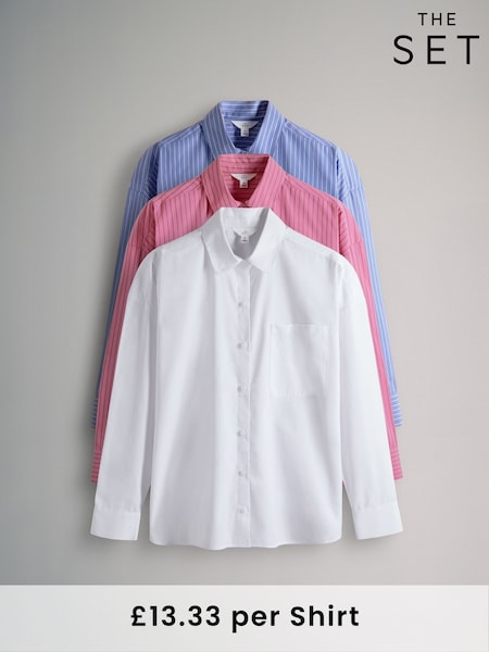 The Set Blue Stripe/Pink Stripe/White 3 Pack Cotton Poplin Button Through Shirts (AA0911) | £40