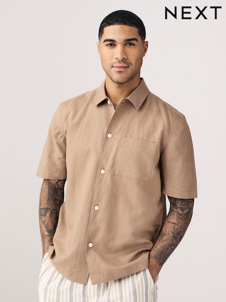 Neutral Stone Standard Collar Cotton Linen Blend Short Sleeve Shirt (AA1150) | £28