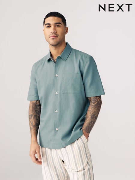 Green Standard Collar Cotton Linen Blend Short Sleeve Shirt (AA1151) | £28